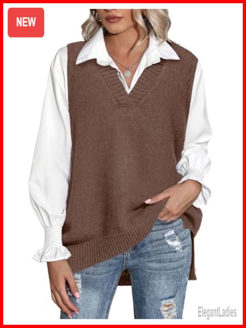 Sleeveless V Neck Oversized Sweater Vest Knitted Pullover Top Fall Layering